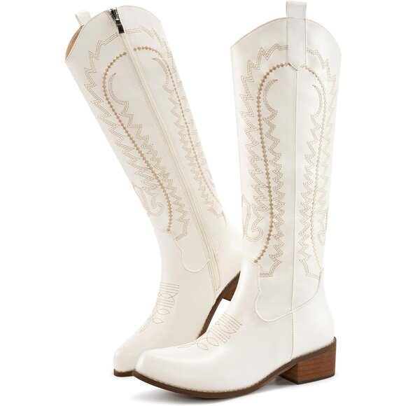 ⚡Women's White Embroidered Knee High with Chunky Heel Pointed Toe Retro Fashion - Picture 5 of 7